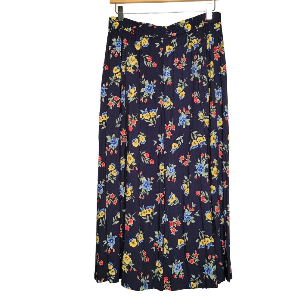 Vintage‎ Cottagecore Modest Navy Blue Floral Button Front Midi Skirt Medium
